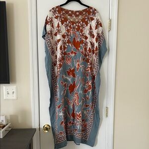 Indonesian Floral Embroidered Kaftan Dress - Blue and Brown